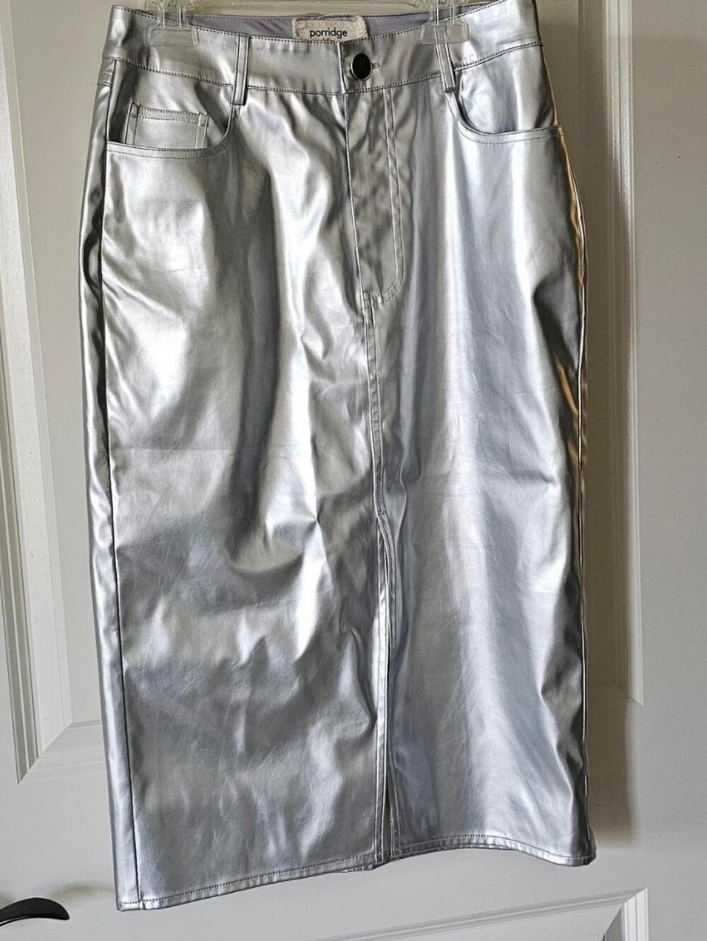 Anthropologie Porridge Clothing Metallic Silver Faux Leather Pencil Skirt